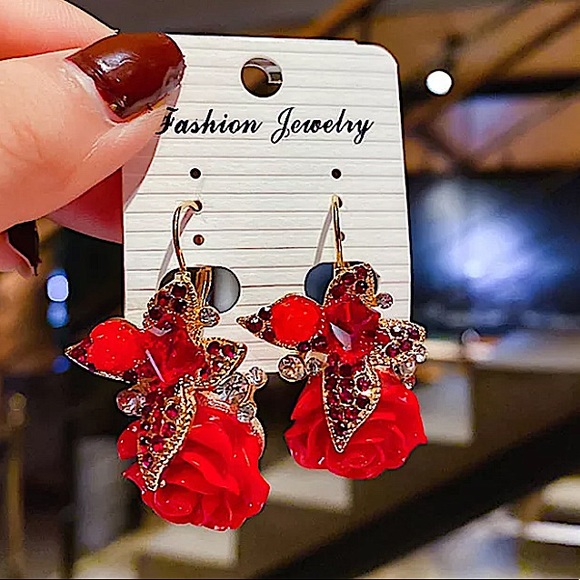 Rhinestone Rose Drop Flower Earrings - Picture 6 of 8